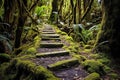 Mossy path winding through a dense forest with trees and ferns. Generative AI Royalty Free Stock Photo