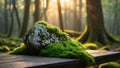 Moss Covered Rock on Wooden Table in Forest at Sunrise Royalty Free Stock Photo