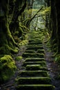 Mossy stone steps leading through an enchanted forest