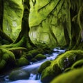 Mossy tranquility.Lost in the serenity of a secluded forest blanketed with moss.AI generated Royalty Free Stock Photo