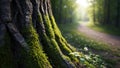 Mossy Tree Trunk Close-up with Flower in Forest Path Scenery Royalty Free Stock Photo