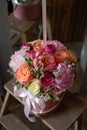 The most beautiful bouquet of flowers from anemone rose Ranunculus mattiola Tulip eucalyptus Narcissus for a wedding or holiday in