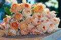 Bouquet of flowers on a leg in the interior of the restaurant for a celebration shop floristry or wedding salon Royalty Free Stock Photo