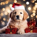 beautiful golden retriever puppy with a red santa claus hat sits under christmas tree with gifts and light blur background. Royalty Free Stock Photo