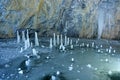 The most beautiful landscape inside the Ruskeala marble quarry in winter is a frozen lake, a frozen waterfall, ice stalagmites