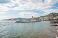 The most beautiful steam boat called La Suisse approaching Montreux pier on Swiss Riviera, Vaud, Switzerland