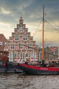 The most beautiful stepped gable in Leiden Holland with boat in front Royalty Free Stock Photo