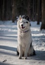 Most beautiful yakutian laika boy in the fairy-tale winter forest.