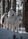 Most beautiful yakutian laika and husky in the fairy-tale winter forest.