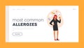 Most Common Allergies Landing Page Template. Female Character with Allergy Reaction on Medicines Apply Antihistamines