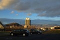 Most, Czech republic - January 29, 2020: centre of city with high houses, hill and Hnevin castle in sunset