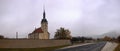 Most, Czech republic - November 04, 2018: Kostel Nanebevzeti Panny Marie church in autumnal foggy morning