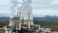 MOST, CZECH REPUBLIC, NOVEMBER 15, 2020: Power plant coal brown factory fired station Pocerady, chimney smokes stacks