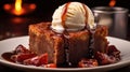The Most Delicious Brown Sugar Date Cake Top with Luscious Light Brown Syrup Topped with Vanilla Ice Cream Background Selective