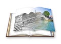 The most famous bridge in Dublin called `Half penny bridge`- freehand sketch concept image - 3D render of an opened photo book