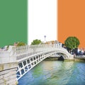 The most famous bridge in Dublin called `Half penny bridge` on Irish flag background - concept image with copy space Royalty Free Stock Photo