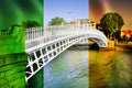 The most famous bridge in Dublin called Half penny bridge with overlapping the colors of the Irish flag - concept image