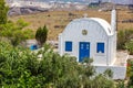 The most famous church on Santorini Island,Crete, Greece. Bell tower and cupolas of classical orthodox Greek church Royalty Free Stock Photo