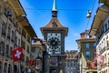 Most famous icon of the old town of Bern - the clock tower - BERN, SWITZERLAND - JULY 14, 2022