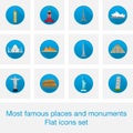 Most famous places flat icons set