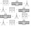 Most famous places in Paris as a background separated by dots. Louvre Museum, Eiffel tower, triumphal arch