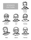 Famous science fiction writers, vector portraits, Bradbury, Lem, Sheckley, Orwell, Wells Asimov Harrison Royalty Free Stock Photo