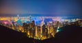 The most famous view of Hong Kong at twilight sunset. Hong Kong skyscrapers skyline cityscape view from Victoria Peak illuminated Royalty Free Stock Photo