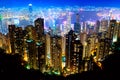 The most famous view of Hong Kong at twilight sunset. Hong Kong skyscrapers skyline cityscape view from Victoria Peak illuminated Royalty Free Stock Photo