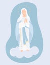 Most Holy Theotokos the Queen of Heaven. Virgin Mary in blue maforia prays meekly with rosary on a cloud. Vector
