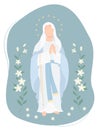 Most Holy Theotokos, Queen of Heaven. Virgin Mary in a blue maforia prays with a rosary on background with white lilies