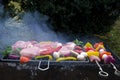 Shish kebab with mushrooms, cherry tomato and sweet pepper, Grilled meat skewers. Top view, copyspace. most important Royalty Free Stock Photo