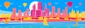 Colorful bright embankment cityscape sketch. Balloons are flying over town. Color modern city. Boats on the water. Infrastructure