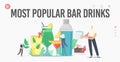 Most Popular Bar Drinks Landing Page Template. Tiny Bartender Characters Cook Beverages in Summer Time, Juice Water