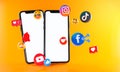 Most Popular Social Media Instagram Facebook Tiktok Youtube Icons. Two Phones Mockup