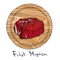 Most Popular Steak Filet Mignon on a Round Wooden Cutting Board. Beef Cut. Meat Guide for Butcher Shop or Steak House Restaurant M