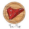 Most Popular Steak Tri-Tip on a Round Wooden Cutting Board. Beef Cut. Meat Guide for Butcher Shop or Steak House Restaurant Menu. Royalty Free Stock Photo