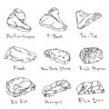 Most Popular Steak Types Set. Beef Cuts. Top Meat Guide for Butcher Shop or Steak House Restaurant Menu. Hand Drawn Illustration.