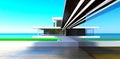 The most required design of the modern house in Britain. View of the calm summer ocean from the decked terrace. 3d rendering