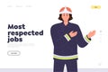 Most respected jobs landing page template with fireman cartoon character in overalls design