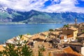 scenic Italian lakes Lago di Grada , view of beautiful village Limone sul Garda. Royalty Free Stock Photo