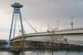 Most SNP or UFO Bridge is a road bridge over the Danube in Bratislava, the capital of Slovakia Royalty Free Stock Photo