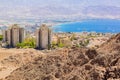 The most south Israeli city Eilat Red sea bay Gulf of Aqaba beautiful summer time vacation season destination place top view from Royalty Free Stock Photo