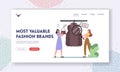 Most Valuable Fashion Brands Landing Page Template. Women Choose Expensive Clothes in Store, Rich Buyers Buying Garment