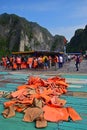 Massive amount of tourists at transfer point from Junk Ship to Small Rowing Bamboo Boat in Halong Bay for Day Trip Royalty Free Stock Photo