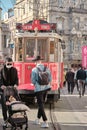 Most well known taksim square during morning with red, vintage and retro style tram