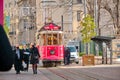 Most well known taksim square during morning with red, vintage and retro style tram