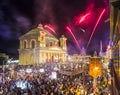 MOSTA, MALTA - 15 AUG. 2016: Fireworks at the Mosta festival at night with the famous Mosta Dome