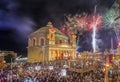 MOSTA, MALTA - 15 AUG. 2016: Fireworks at the Mosta festival at night with the famous Mosta Dome