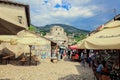 Old Town in city center of Mostar with the Colorful Traditional Souvenirs with Walking Tourists