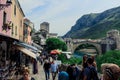 Old Town in city center of Mostar with the Colorful Traditional Souvenirs with Walking Tourists